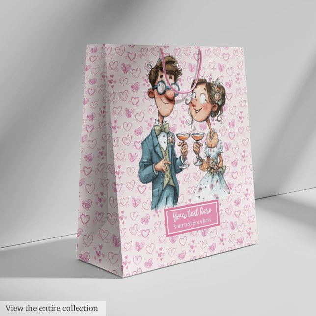 Mediana Personalizado Boda de recién casados regalo Bolsa  (Cartoon Newlyweds Wedding Gift Bag Watercolor Fun)