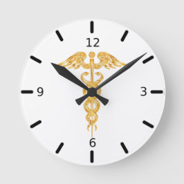 Mediano Caduceo dorado en reloj redondo blanco