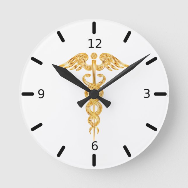 Mediano Caduceo dorado en reloj redondo blanco (Anverso)