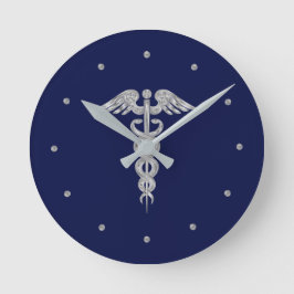 Mediano Caduceo gris plateado en reloj redondo azul marino