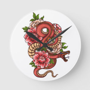 Mediano Dragón floral rosado y negro en reloj redondo
