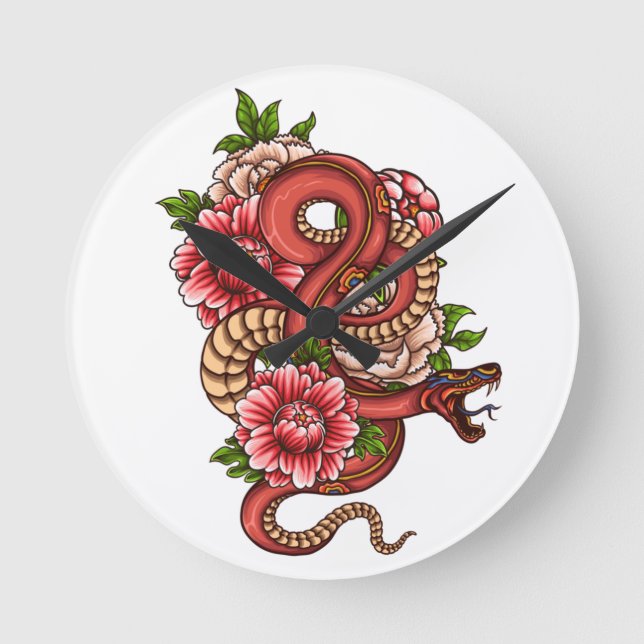 Mediano Dragón floral rosado y negro en reloj redondo (Anverso)