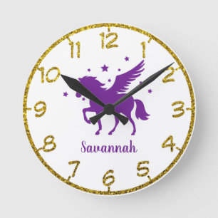 Mediano Personalice su propio reloj redondo morado Unicorn