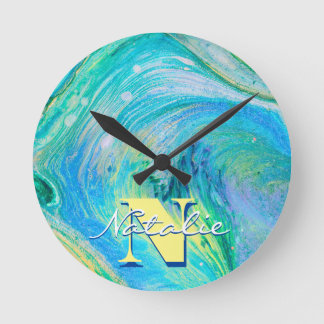 Mediano Reloj redondo de arte acuático azul Aqua