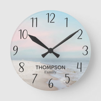 Mediano Reloj redondo de cielo rosa azul océano de playa m
