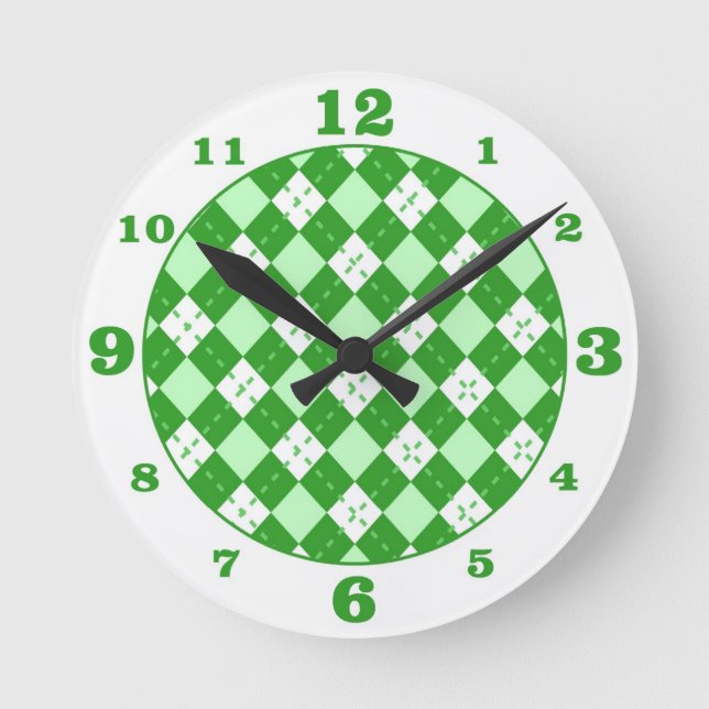 Mediano Reloj redondo de cuadros argyle verde (Anverso)