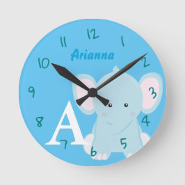 Mediano Reloj redondo de elefante azul pastel personalizad
