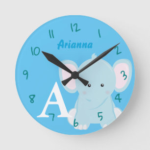 Mediano Reloj redondo de elefante azul pastel personalizad