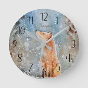Mediano Reloj redondo de escena de invierno Fox personaliz
