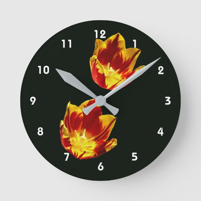 Mediano Reloj redondo de flores de tulipán de fuego (Anverso)