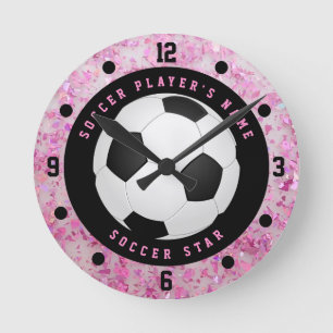Mediano Reloj redondo de fútbol de niñas rosa personalizad