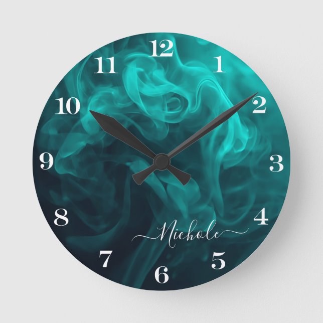 Mediano Reloj redondo de humo teal personalizado (Anverso)