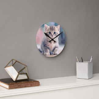 Mediano Reloj Redondo de Impresión Acuarela de Gatito Ador
