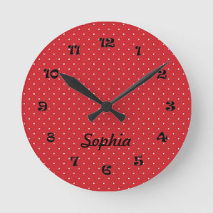 Mediano Reloj redondo de puntos de polka rojo y blanco
