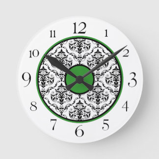 Mediano Reloj redondo elegante de damasco blanco y negro v