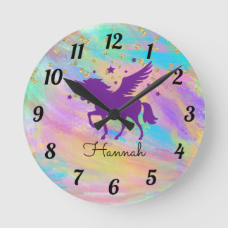 Mediano Reloj redondo morado de unicornio de color dorado