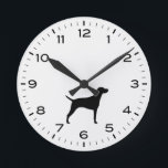 Mediano Vizsla Perro Raza Silhouette Reloj redondo<br><div class="desc">Un reloj de pared de silueta de Vizsla para casa u oficina. Hace un regalo original para. Echa un vistazo al Doodle World de Jenn para ver aún más lindos relojes decorativos de animales y decoración en casa.</div>