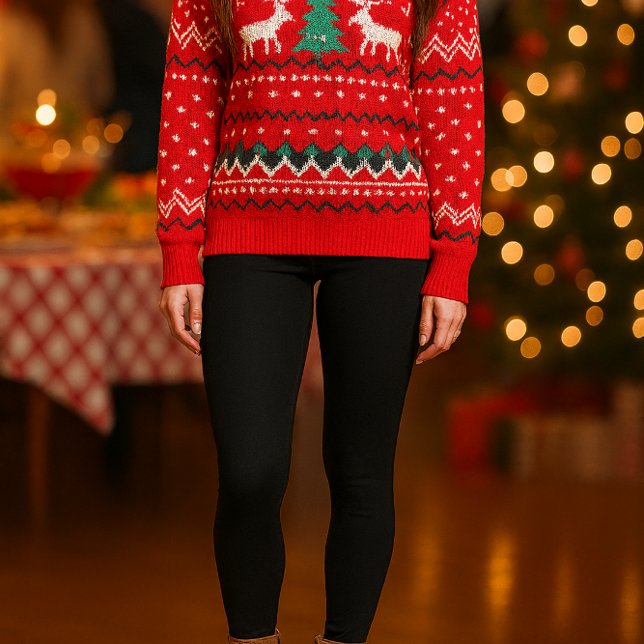 Medias básicas negras de peso medio ("Basic black legging shown with festive Christmas sweater for a stylish party look")