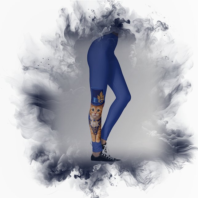Medias Blue Rose Top‑Hat Cat  (Personalized blue pet portrait leggings with custom cat photo)