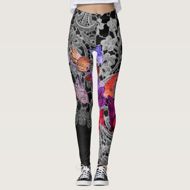 MEDIAS CON ESTAMPADO DE ENCAJE ANTIGUO Y MARIPOSAS (Anverso)