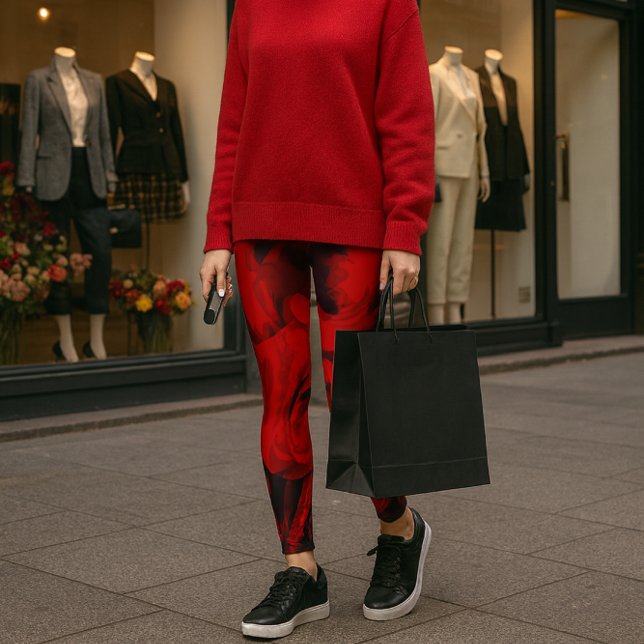 Medias con estampado de rosa roja y impresión negr (Bold red rose leggings meet luxe red cashmere city chic with keys in hand and style in stride.)