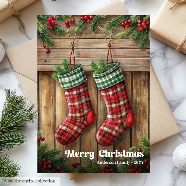 Medias de Navidad clásicas con bayas de acebo rúst (Classic Christmas bells rustic holly berries greeting)