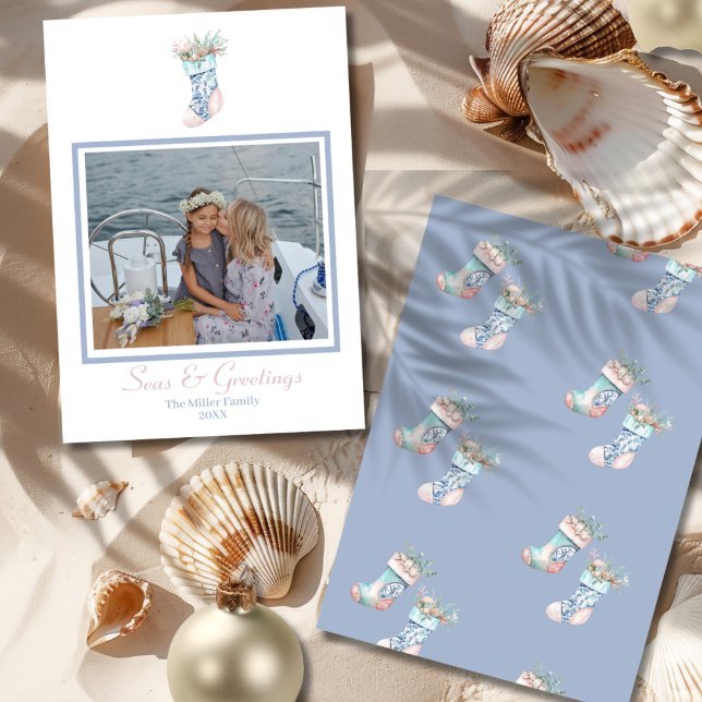Medias de Navidad de Chinerías con Conchas Fotogra (Chinoiserie Seashell Christmas Stocking Photo Holiday Card-front and back)