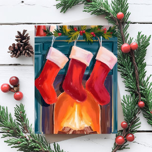 Medias de Navidad Rojas Chimenea Acuarela