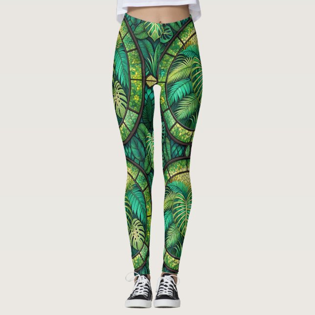 Medias largas con una vibrante hoja tropical verde (Anverso)