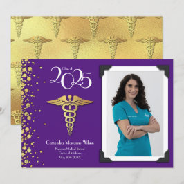Médica Invitación de graduación de oro morado