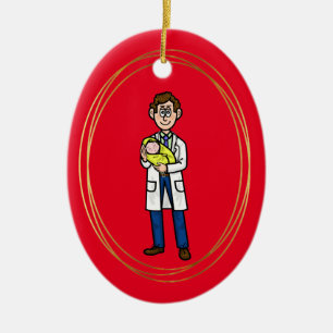 Médica masculino sostiene ornamento de Navidad par