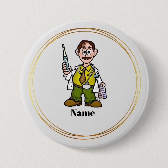 Médica masculino sujetando el botón del termómetro (Anverso)