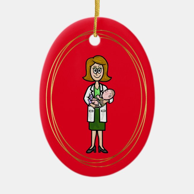 Médica sosteniendo ornamento de Navidad para el be (Frente)