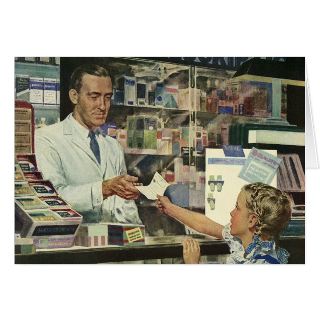 Medicina antigua, farmacéutico y niña en la farmac (Anverso (Horizontal))