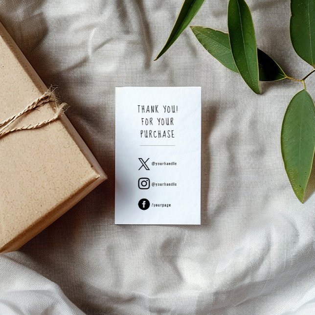 Medios sociales, tarjeta de inserción de orden en  (White enclosure card with fun black text that says "THANK YOU FOR YOUR PURCHASE" and 3 social icons)