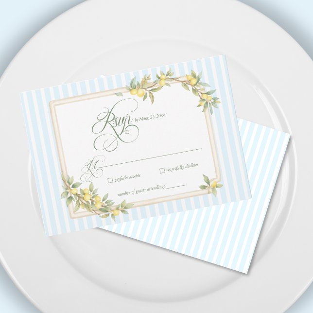 Mediterranean Lemon Coastal Stripe Wedding RSVP (elegant mediterranean lemon coastal pale blue stripe wedding invitation rsvp card)