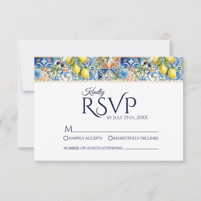 Mediterranean Lemon Tile Blue Wedding RSVP Cards (Anverso)