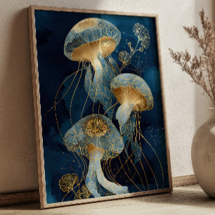 Medusa de tinta azul marino y dorado Arte Kintsugi