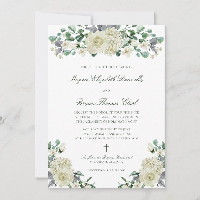 Megan Elegant Greenery Invitación a la Boda Católi (Anverso)
