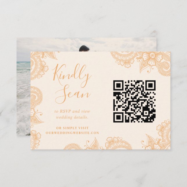Mehndi Henna Boda QR Código RSVP Tarjeta de gabine (Anverso / Reverso)