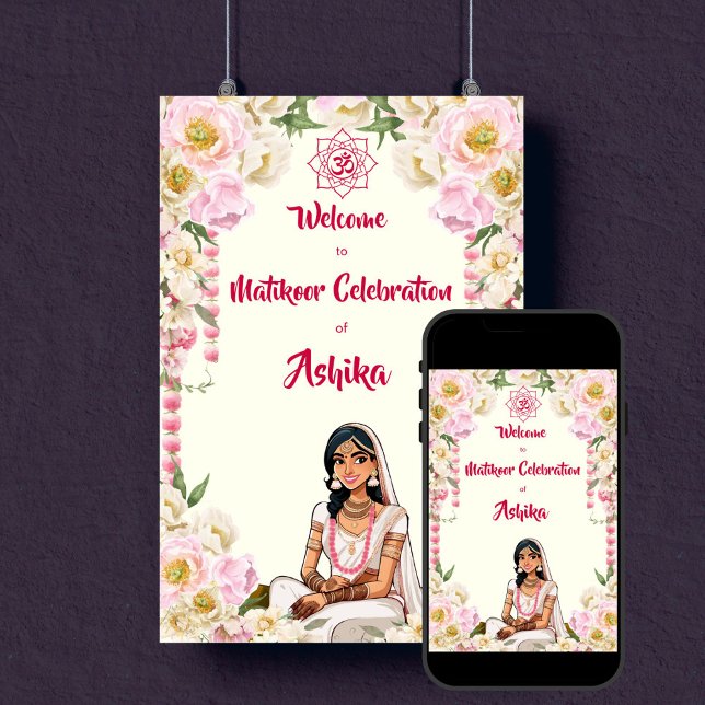 Mehndi Matikoor Haldi boda indio señal de bienveni (Mehndi Matikoor Haldi Indian wedding template welcome sign poster digital download bride caricature)