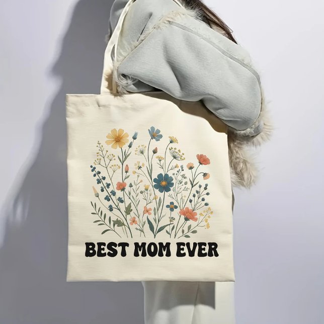 Mejor Bolsa de Tote de Flor Silvestre para Mamá (best mom ever tote, mom gift tote bag, retro tote bag, wildflowers tote bag, mother’s day tote)
