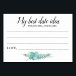 Mejor Fecha Idea Boda Ducha Suculenta Tarjeta<br><div class="desc">Estas encantadoras mejores tarjetas de ideas de citas serán el complemento perfecto para una ducha de boda o en la recepción de la boda. Este diseño presenta una combinación de escritura a mano y tipos de letra de bloque en negro y resaltado por un ramo suculento. Los clientes pueden dejar...</div>