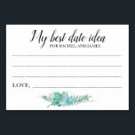 Mejor Fecha Idea Boda Ducha Suculenta Tarjeta<br><div class="desc">Estas encantadoras mejores tarjetas de ideas de citas serán el complemento perfecto para una ducha de boda o en la recepción de la boda. Este diseño presenta una combinación de escritura a mano y tipos de letra de bloque en negro y resaltado por un ramo suculento. Los clientes pueden dejar...</div>