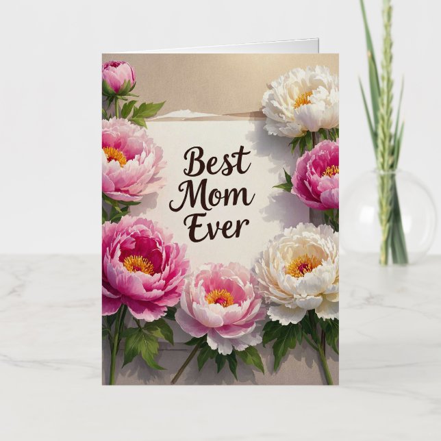 Mejor Mamá Nunca"peonías pintadas a mano y cursiva (Anverso)