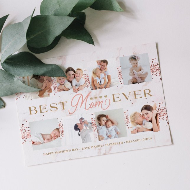 Mejor Mamá Rosa Purpurina 8 Tarjeta de Collage de  (Best Mom Ever Rose Glitter 8 Photo Collage Card)