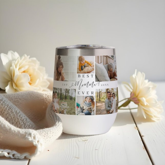 Mejor momento para escribir Collage de fotos del D (Best Momma Ever Script Mother's Day Photo Collage Thermal Wine Tumbler)