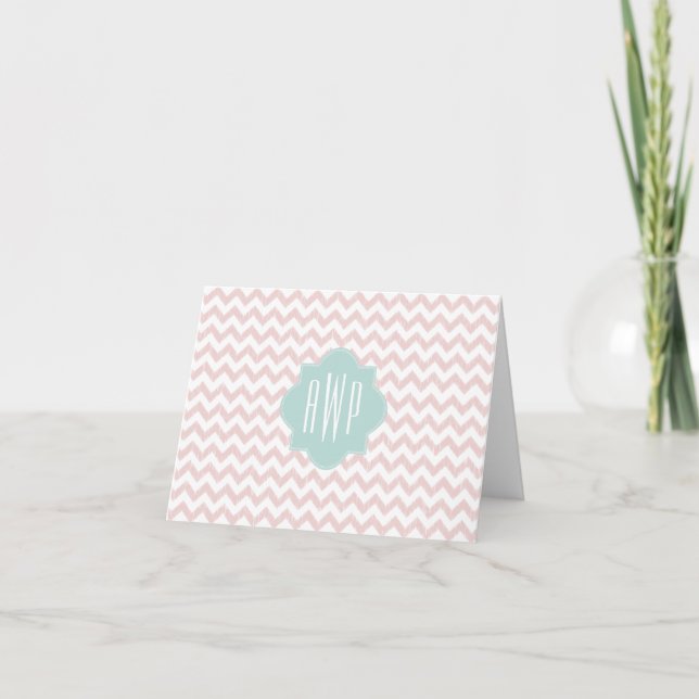 Melocotón Chevron Ikat Notecard con monograma (Anverso)