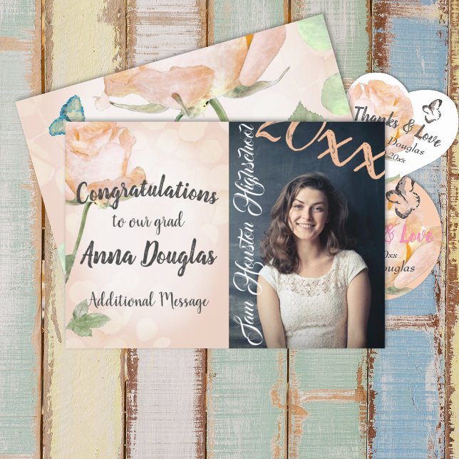 Melocotón, Invitación de Graduación Vintage (dusty peach pink floral graduation party invitation graduate announcement congraduations grad girl )