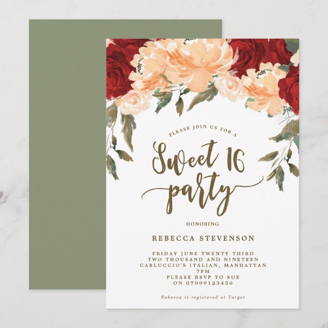 melocotón rojo floral dulce 16 invitación de fiest (Anverso / Reverso)